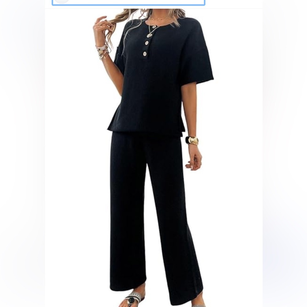 Wyeysyt Womens 2 Piece Knit Lounge Set With Short Sleeve Pullover Top and Wide